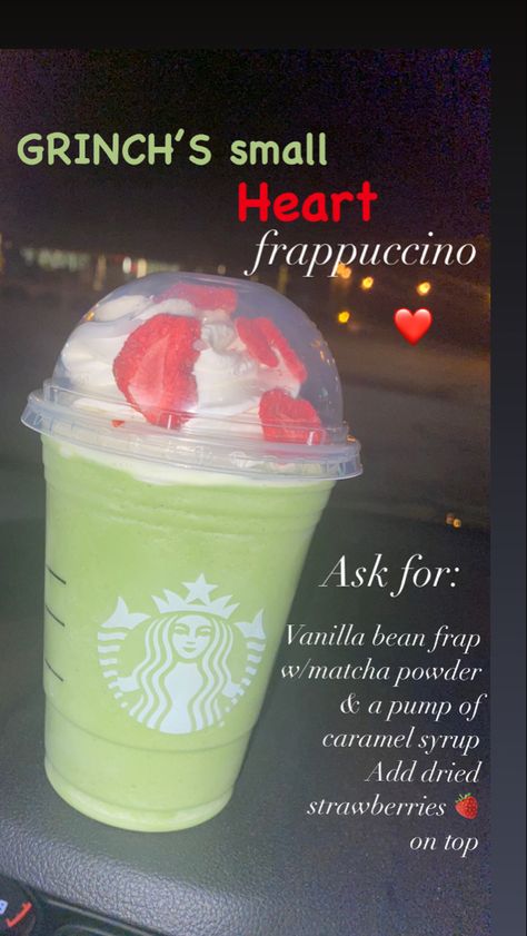 Green Grinch’s small heart Frappuccino from Starbucks Good Christmas Drinks From Starbucks, Starbucks Orders Without Coffee, Starbucks Holiday Frappuccino, Shrek Starbucks Drink, Spider Man Starbucks Drink, Things To Get From Starbucks, Longest Starbucks Order, Fun Starbucks Orders, Pretty Starbucks Drinks Recipes