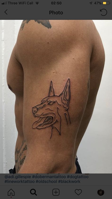 Men Fine Line Tattoo, Dog Tattoo For Men, Line Tattoo Men, Fine Line Tattoo Men, Half Sleeve Tattoos Traditional, Line Tattoos Men, Adi Gillespie, Acab Tattoo, Doberman Tattoo