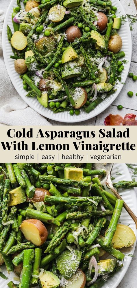 This cold asparagus salad recipe is made with potatoes, avocado, parmesan, and a simple lemon vinaigrette dressing. It’s such an easy, nutritious salad perfect for spring and summer! Avocado Asparagus Salad, Asparagus In Salad, Broccoli Asparagus Salad, Summer Asparagus Recipes, Spring Salad Dressing Recipes, Asparagus Recipes Salad, Raw Asparagus Recipes, Vegan Cold Salad, Asparagus Salad Recipes Cold