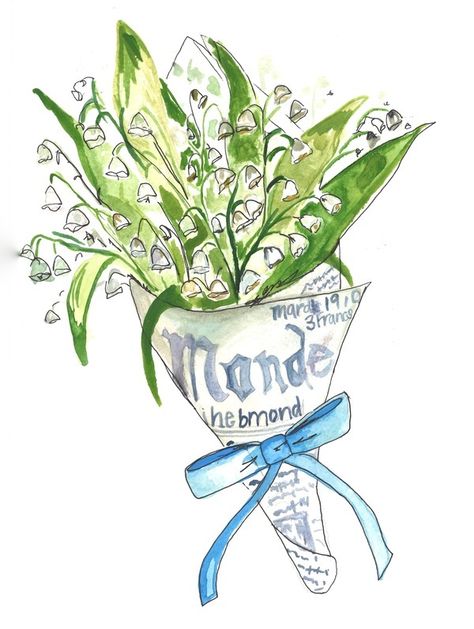 May Day at ArtfullyWalls, Lily of the valley wrapped in French newspaper tied with blue ribbon French Newspaper, Artfully Walls, Dorm Posters, Artist Wall, May Day, Watercolor Illustrations, Art Collage Wall, Personalized Wall, Personalized Wall Art