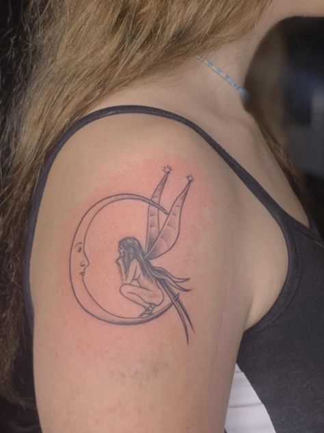 Fairy On Crescent Moon Tattoo, Fairy On Moon Tattoo, Moon Fairy Tattoo, Enchanted Tattoo, Tattoo Chart, Whimsical Tattoos, Crescent Moon Tattoo, Cute Tiny Tattoos, Jesus Love