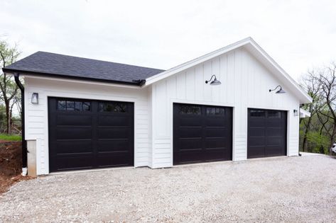 Barn Style Garage, Exterior Farmhouse, Industrial Outdoor, Garage Construction, Farmhouse Garage, Custom Farmhouse, Fiberglass Entry Doors, Garage Addition, Garage Exterior