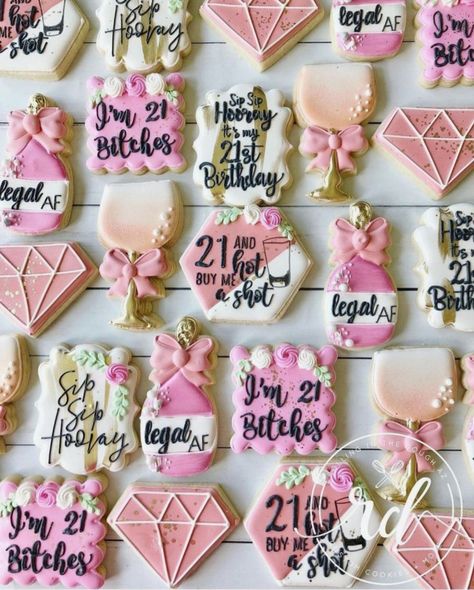 21 Cookies Decorated, 21st Cookies Decorated, 21 St Birthday Cookies, 21st Birthday Royal Icing Cookies, 21st Cookie Ideas, Hot Pink 21st Birthday Ideas, 21st Birthday Decorated Cookies, 21 Birthday Cookies Decorated, 21st Birthday Cookies Decorated