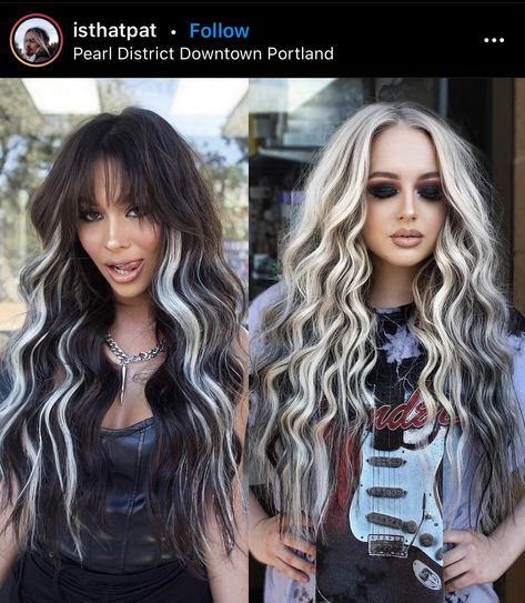 Dark Brown Hair With Platinum Streaks, Black And Blond Hair Extensions, White And Dark Hair Ideas, Black With Platinum Hair, Edgy Long Hair Color, Dark Tattoo Ideas Female, Face Framing Peekaboo Highlights, Blonde Brown And Black Hair, Statement Hair Color