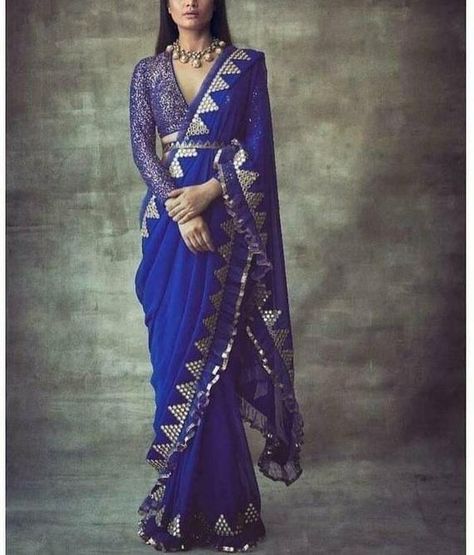 Saree Illustration, Saree 2022, Frill Saree, Royal Blue Saree, Vani Vats, Coat Blouse, Mirror Border, Sangeet Outfit, Full Sleeve Blouse