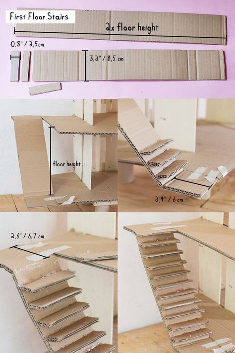 Dollhouse Stairs, Cardboard Dollhouse, Barbie House Furniture, Diy Barbie House, Fairy House Crafts, Cardboard Crafts Diy, Dollhouse Diy, Cardboard Box Crafts, Box Studio