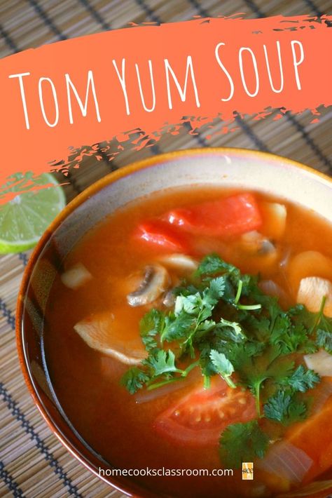 Learn how to make wonderful tom yum soup with our easy to follow recipe.  It includes chicken, tomato, onion, and mushrooms all in a broth that is sweet, sour, salty, and spicy.  It's absolutely delicious! Tom Yum Noodle Soup Recipe, Tom Yum Soup Recipe Vegetarian, Tum Yum Soup, Thai Tom Yum Soup, Tom Yum Soup Recipe, Asian Soup Recipes, Asian Soups, Thai Soup, Tom Yum Soup