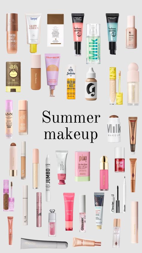 Skincare Makeup Products, How To Get A Glowy Makeup Look, Summer Makeup Products Aesthetic, Summer Blush Makeup, Best Summer Makeup Products, Summer Make Up Products, Summer Makeup Must Haves, Summer Makeup Essentials, Makeup Summer 2024