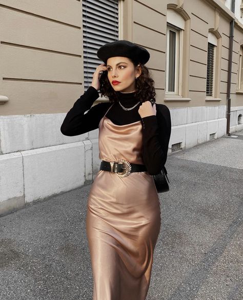 Turtle Neck Under Dress, Slip Dress Outfit Winter, Silk Dresses Outfit, Slip Dress Outfit, Winter Styling, Long Slip Dress, Winter Dress Outfits, Effortlessly Chic Outfits, Europe Fashion