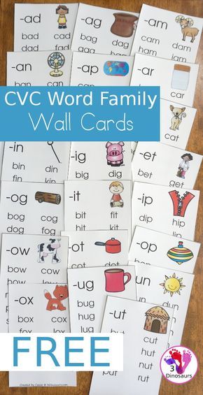 FREE CVC Word Family Wall Cards | 3 Dinosaurs Word Families Kindergarten, Families Kindergarten, Word Families Free, Word Families Printables, Word Family List, Kindergarten Word Families, Free Printables For Kids, Word Family Activities, Family Word