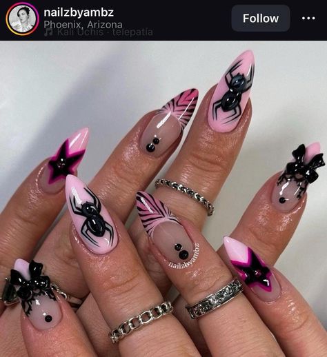 Nails Zebra Print, Halloween Nails Pink, Nail Inspo Gel, Acrylic Nails Fall, Pink Black Nails, Seashell Nails, Horror Nails, Nails Fall Nails, Halloween Acrylic Nails