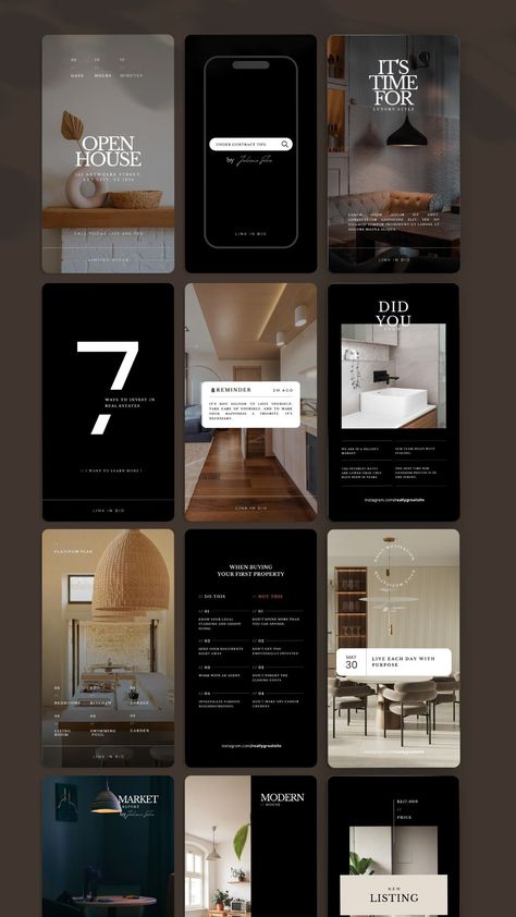 Web Design-Templates & Layouts Social Media Feed Ideas, Social Media Luxury Design, Real Estate Story Template, Luxury Instagram Template, Instagram Story Ideas For Real Estate, Architecture Instagram Story, Real Estate Design Social Media, Real State Designs, Instagram Story Ads Design