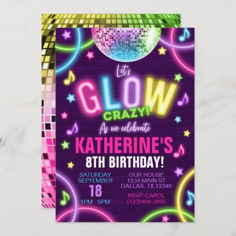 $2.82 | Neon Glow in the Dark Birthday Party Invitation #birthday, party, invitation, invite, glow, disco, roller skating, neon, glow in the dark, dance Glow Dance Party, Disco Party Birthday, Roller Skating Birthday Party Invitations, Dark Birthday Party, Glow In The Dark Birthday, Disco Roller Skating, Dark Birthday, Neon Birthday Party, Chic Invitation