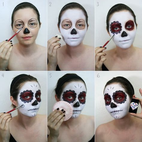 step by step sugar skull face painting | Paint the circular outline of the eye sockets, and outline the nose ... Sugar Skull Makeup Tutorial, Halloween Maquillage, Skull Makeup Tutorial, Halloween Makeup Sugar Skull, Halloween Sugar Skull, Halloween Gesicht, Den Mrtvých, Halloweenský Makeup, Halloween Make-up Looks