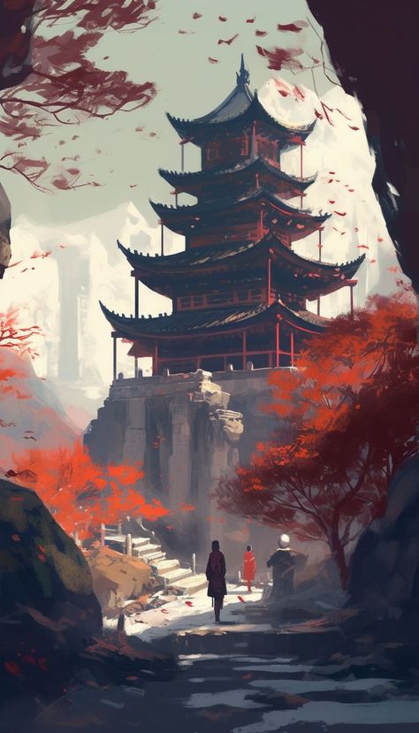 "A Cold Autumn Temple," a captivating illustration of a red and black wooden East Asian temple perched atop a snowy hill. Let the elegant staircase, fiery red leaves, and serene grey sky transport you to a peaceful, frost-kissed autumnal escape. Red Asian Aesthetic, Shattered Moon, Temple Aesthetic, Sky Temple, Asian Temple, Elegant Staircase, Ancient Background, Dnd Backgrounds, Black Building