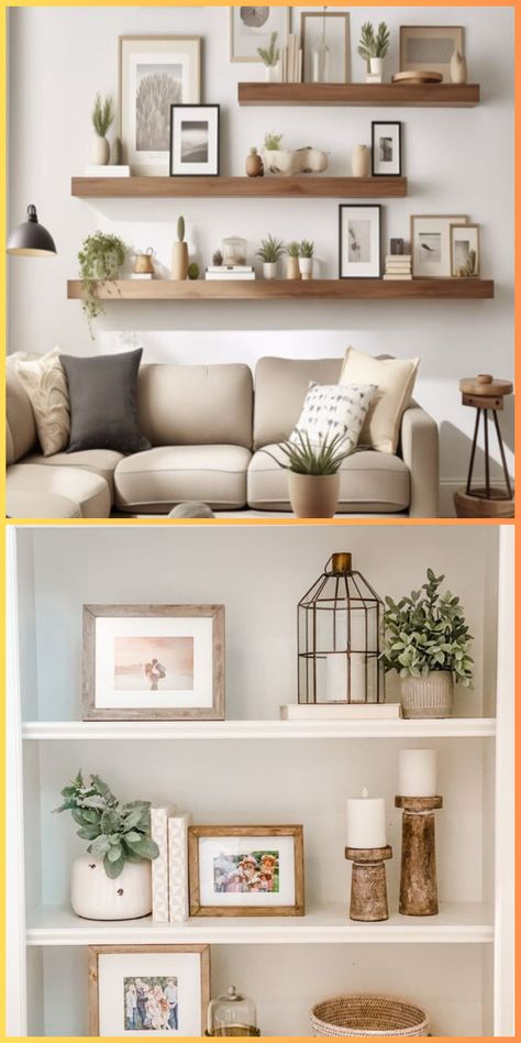 Update your living room shelf decor with small wall solutions. Use black floating shelves for a bold contrast against white walls, creating a dynamic and modern look. Single Floating Shelf Decor Living Room, Multi Shelf Decor, Floating Shelves Over Sofa, Floating Shelf Placement Ideas, Styling Picture Shelves, Styled Floating Shelves, Living Room Wall Shelf Ideas, Long Shelf Above Couch, Decorating Living Room Shelves