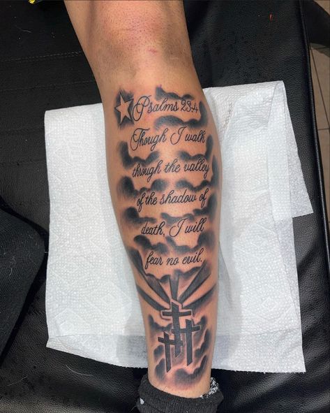 Scripture Leg Tattoos For Men, Bible Verse Calf Tattoo, Christian Calf Tattoo Men, Inside Leg Tattoo Men, Cloud Tattoo With Quote, God Quotes Tattoos Men, Bible Verse Leg Tattoos For Men, Forearm Tattoo Men Sleeve Bible Verse, Blessed Leg Tattoo