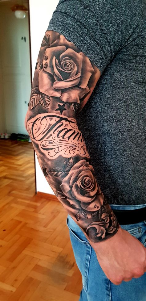 Full Sleeve Rose Tattoos For Guys, Whole Sleeve Tattoo Men, Rose Sleeve Tattoo For Men, Dodge Tattoo, Rose Tattoo Men, Mens Tattoos Ideas, Mens Full Sleeve Tattoo, Family Sleeve Tattoo, Harmony Tattoo