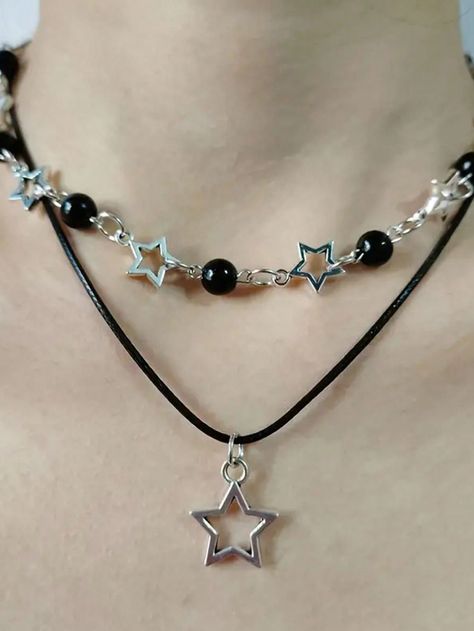 Black,Pink,White,Swirl Black,Swirl,Star Swirl Fashionable Collar  Copper Alloy   Embellished   Women Fashion Jewelry Simple Star Necklace, Rockstar Gf Jewelry, Goth Jewelry Aesthetic, Indie Necklaces, Collar Aesthetic, Star Items, Goth Jewellery, Black Necklaces, Accesorios Aesthetic