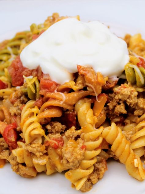 Tri Color Pasta Recipes Dinners, Rotini Ground Beef Recipes, Pasta With Rotel, Tri Color Pasta Recipes, Tri Colored Pasta Recipes, Creamy Rotel Pasta With Ground Beef, Tri Color Rotini Pasta Recipes Dinner, Tri Color Rotini Pasta Recipes, Tri Colored Rotini Pasta Recipes