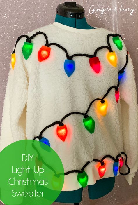 Easy, DIY a Christmas sweater. Perfect for a holiday party or ugly Christmas sweater contest. Follow my easy step by step guide and video. Xmas Sweaters Diy, Diy Xmas Jumper Ideas, Diy Christmas Tree Sweater, Light Up Christmas Outfit, Whoville Christmas Sweater, Easy Ugly Christmas Sweater Diy Kids, Christmas Lights Costume, Christmas Tree Sweater Diy, Last Minute Ugly Sweater Ideas