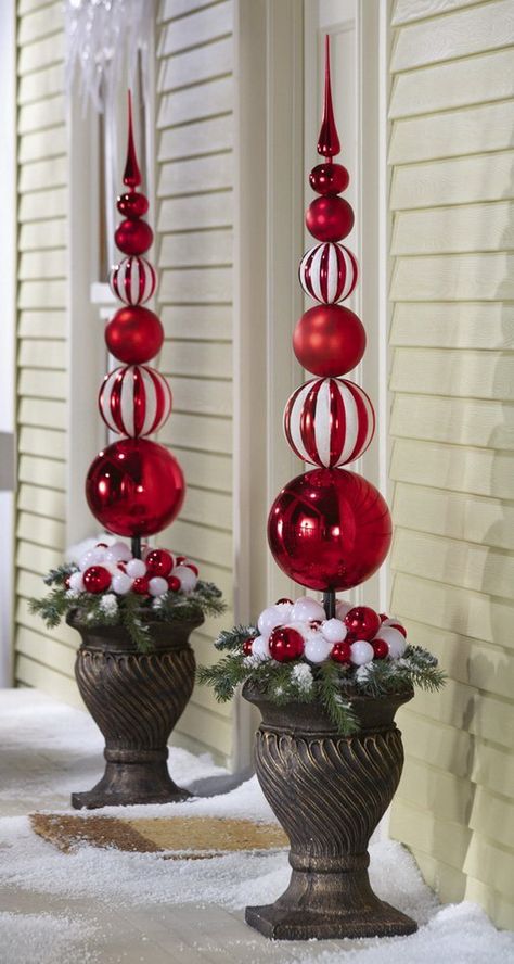 elegant christmas decorating ideas | Outdoor Christmas Decorations For A Holiday Spirit | Family Holiday Topiary Forms, Jul Diy, Elegant Christmas Decor, White Christmas Ornaments, Red And White Christmas, Red White Christmas, White Christmas Decor, Christmas Porch, Noel Christmas