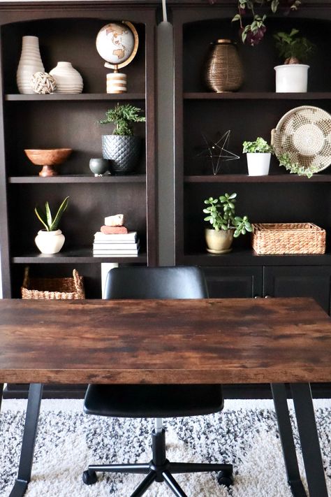 Style Dark Wood Bookshelf, Shelf Decor Dark Wood, Dark Wood Office Furniture, Brown Shelves Living Room, Dark Wood Book Shelf, Dark Shelves Decor, Dark Bookshelf Decor, Dark Wood Shelves Living Room, Dark Wood Shelf Decor