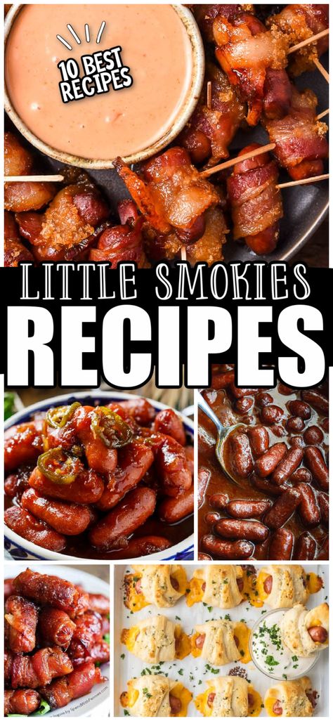 Little Smokies Recipes are ideal for appetizers or finger foods and can be made with many different delicious flavors! Lil Sausage Appetizers, Smokies Recipe Appetizers, Best Little Smokies Recipe, Smokie Recipes Sausages, Baby Sausage Recipes, Small Hot Dog Appetizers, Quick And Easy Finger Food Ideas, Little Smokie Appetizer Recipes, Small Sausages Recipes