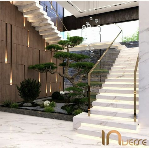 Modern Staircase In Living Room, Dry Garden Under Staircase, Backlit Wood Wall, Stairs Design Outdoor, Interior Stairs Ideas, Monumental Staircase, تحت الدرج, درج السلم, Staircase Interior Design