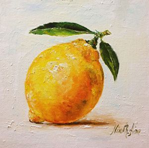 Lemon with Leaves 2 by Nina R. Aide Oil ~ 6 x 6 Seni Pastel, Lemon Painting, Paper Carving, Lemon Fruit, Oil Pastel Paintings, Watercolor Fruit, Oil Pastel Art, Oil Pastel Drawings, Miniature Plants