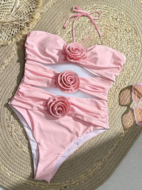 Bikinx Solid Color Halterneck Three-dimensional Flower Sexy One-piece Swimsuit | SHEIN Cutout One Piece, Beach Bathing Suits, Cut Out One Piece, Bodysuit Lingerie, Pink Swimsuit, One Piece For Women, Monokini, Swimsuit Tops, Women Swimsuits