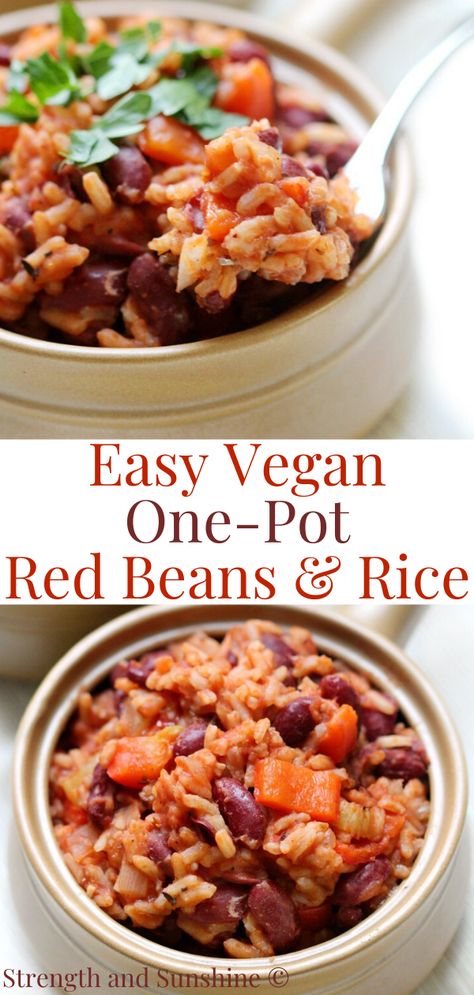 An easy one-pot recipe for the authentic Southern dish! Louisiana Easy Vegan Red Beans & Rice is full of deep smoky and spicy Cajun flavors, rice, kidney beans, and veggies. It’s healthy, allergy-free, oil-free, quick on the stovetop, but still a hearty and comforting vegetarian soul food! #mardigras #redbeansandrice #easydinner #onepotdinner #vegandinner Vegetarian Beans And Rice Recipes, Vegetarian Soul Food Recipes Dinners, Kidney Bean Recipes Vegetarian, Vegan Recipes With Kidney Beans, Dinner With Kidney Beans, Vegetarian Kidney Bean Recipes, Vegan Beans And Rice Recipes, Red Kidney Bean Recipes Vegan, Red Bean Recipes Vegan