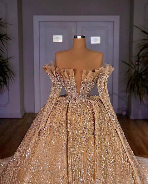 Beautiful Gowns Princesses, Floor Length Robe, Valdrin Sahiti, Long Sleeves Wedding Dress, Sleeves Wedding Dress, Matric Dance, Gala Outfit, Wedding Dress Champagne, Champagne Dress