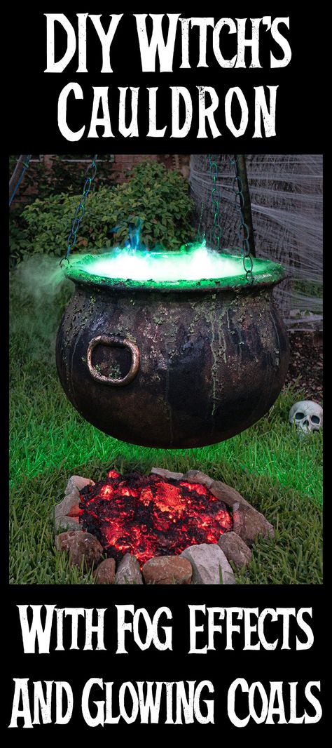 Learn how to create an incredibly awesome bubbling witch's cauldron with glowing coals for your Halloween decor!  These DIY Halloween props are relatively easy to make and we walk you through every step in this video tutorial. If you're looking for a fun weekend project to upgrade your Halloween decorations, this Halloween DIY project is perfect!  We make lots of Halloween props and effects and this Witch's Cauldron with glowing coals is the newest thing we've added to our DIY Halloween decor. Diy Big Cauldron, Diy Witches Cauldron With Fire, Witches Lair Halloween Diy, Witch Circle Halloween Decoration, How To Make A Plastic Cauldron Look Real, Cauldron Outdoor Decor, Outdoor Witch Cauldron, Outdoor Witches Cauldron, Large Witches Cauldron