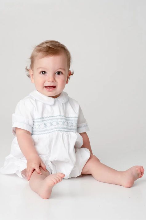 Louis Romper With Hand Smocked Blue Stiching - Annafie Girls Christening Dress, Boys Smock, Boy Christening, Sailing Boats, Classic Girl, Girl Christening, Christening Dress, Hand Smock, Boys Wear