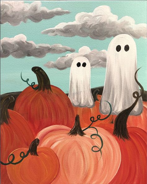 Painting Parties & Classes in Naperville - Paint & Sip Events Pumpkin Patch Canvas Painting, Pumpkin And Ghost Painting, Ghost And Pumpkin Painting On Canvas, October Paint And Sip Ideas, Spooky Fall Paintings, Ghost And Pumpkin Painting, Halloween Painting Acrylic, Two Ghosts Painting, Autumn Drawings Ideas