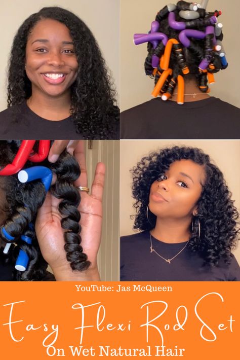 Natural Hairstyles For Black Women Flexi Rods, Spiral Curls On Natural Hair, Natural Hair Flexi Rods Hairstyles, Flexrodding Hair, Flexi Rods On Wet Natural Hair, Wet Set Curls Black Natural Hair, Flex Rod Set On Natural Hair, Curling Black Hair, How To Use Flexi Rods On Natural Hair