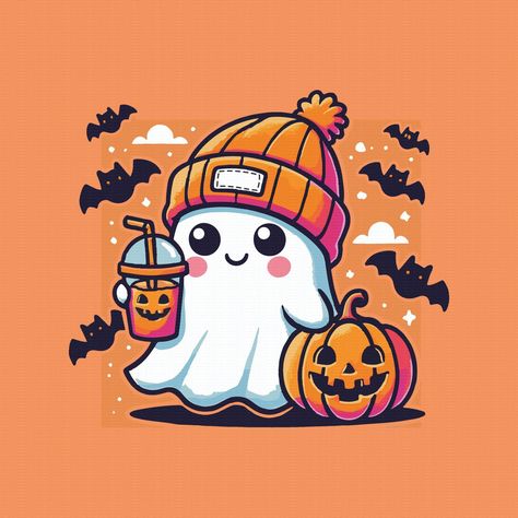 Cute Halloween Cartoons, Halloween Cartoons Drawing, Ghost Sublimation, Halloween Squishmallows, Ghost With Coffee, Halloween Clip Art, Pumpkin Decorating Contest, Cute Halloween Ghost, Retro Ghost