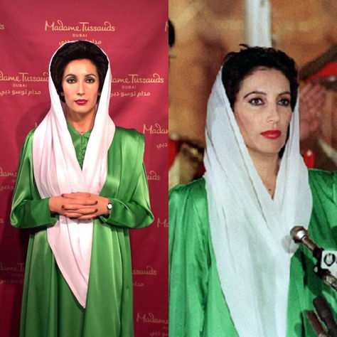 The outfit was created by designer Maheen Khan. She has spoken about how the outfit came to be, how Benazir only insisted on high puffed sleeves and how the green silk kameez ended up being paired with a malmal white dupatta, reflecting the colours of the Pakistan flag. #bhutto #benazir #pakistan #pakistani #PPP #politics #daughter #East #muslim #islam #women #leadership Maheen Khan, Silk Kameez, Benazir Bhutto, Women Leadership, White Dupatta, Wax Statue, Pakistan Flag, Madame Tussauds, The Outfit