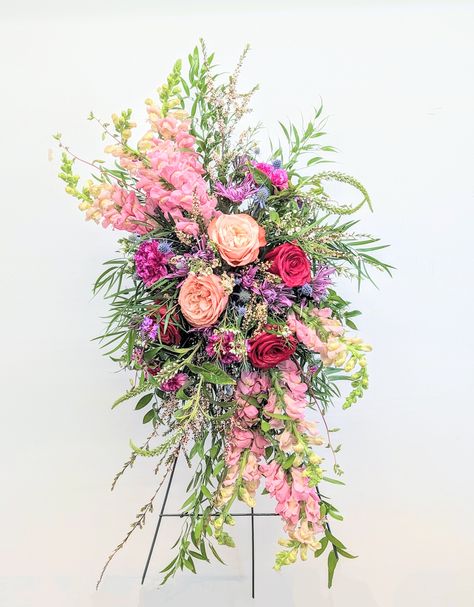 Inspired by the flowers found in an English garden, our Graceful Garden Standing Spray is a beautiful way to offer your love and sympathy. Our designers hand-select the best of the season, arranging blooms of your chosen colour palette in a contemporary, organic style. To Note: This spray is approximately 3.5' - 4' long. This arrangement is intended for display at a funeral/church/graveside service. Display easel is not included. Flowers & products are subject to seasonal availability. We will d Flower Spray Arrangement, Floral Sprays For Funerals, Sympathy Flowers Arrangements, Memorial Flowers Arrangements, Sympathy Flower Arrangements, Sympathy Bouquets, Standing Spray, Sympathy Floral, Fall Decor Wreaths