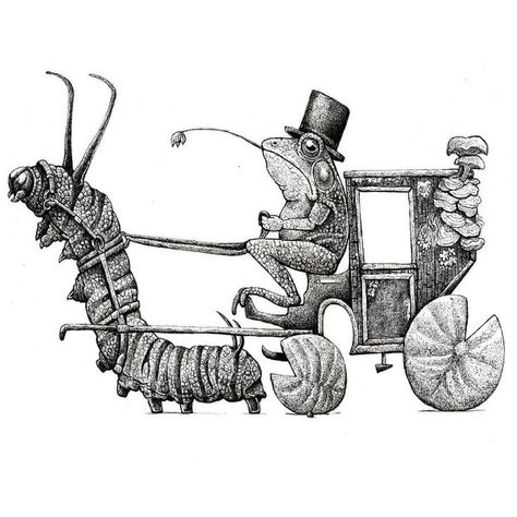 surreal ink drawing animal Animals Doing Human Things Art, Surreal Pen Art, Whimsical Animal Drawings, Carriage Tattoo, Carriage Drawing, Steampunk Sketch, Tim Andraka, Caterpillar Drawing, Whimsical Art Drawings