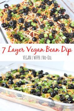 This easy 7 layer vegan bean dip recipe will be the best party appetizer for the 4th of July, Super Bowl Party, or potlucks.  It’s healthy and super simple to make.  Made with fat free refried beans, salsa, guacamole, black olives, green onions, vegan cheese, and a dairy free cashew sour cream mixed with taco seasoning.  It’s a classic Mexican dish with a whole food plant based twist. #7layerbeandip #veganbeandip #wholefoodplantbased #healthyveganrecipes #4thofjuly #tacotuesday #superbowl Vegan Mexican Dip Recipes, Vegan 7 Layer Bean Dip, Superbowl Vegan Party Food, Vegan Taco Dip Dairy Free, Bean Dip Dairy Free, Dairy Free 7 Layer Dip, Super Bowl Party Food Vegan, Vegan Layered Bean Dip, Superbowl Party Food Ideas Vegan