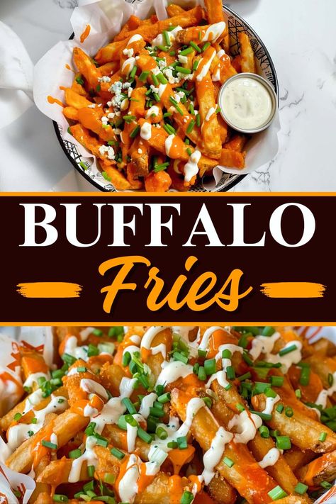 Buffalo Fries Recipe, Buffalo Ranch Fries, Buffalo Chicken Fries, Buffalo Fries, Fries Recipes, Wing Sauce Recipes, Loaded Fries, Melty Cheese, Fries Recipe