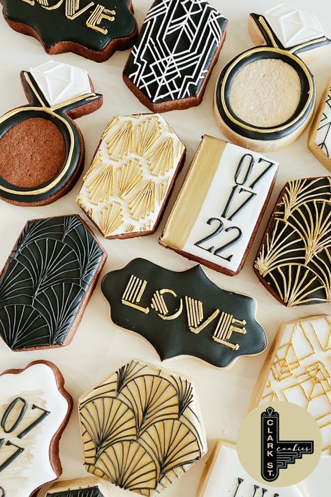 Art Deco Cookies Decorated, Gatsby Cookies Decorated, Roaring 20s Cookies Decorated, Great Gatsby Cookies Decorated, Roaring 20s Cookies, Gatsby Engagement Party, Art Deco Cookies, Great Gatsby Food Ideas, Gatsby Desserts