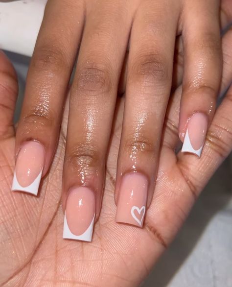 Cute French Nails Coffin, Heart French Nail, French Tips Nails With Heart, Simple Nail Designs Short Square, Basic Nails French Tip, First Time Nail Ideas, White And Pink Nails With Designs, Simple Girly Acrylic Nails, French Tip Nails Natural Nail