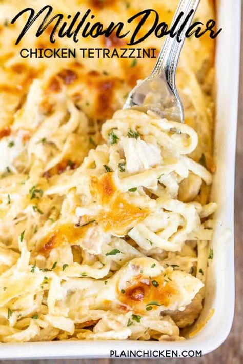 Million Dollar Chicken Tetrazzini - Plain Chicken Easy Chicken Spaghetti, Make Ahead Casseroles, Chicken Tetrazzini Recipes, Million Dollar Chicken, Chicken Spaghetti Casserole, Chicken Tetrazzini, Spaghetti Casserole, Plain Chicken, Rotisserie Chicken Recipes