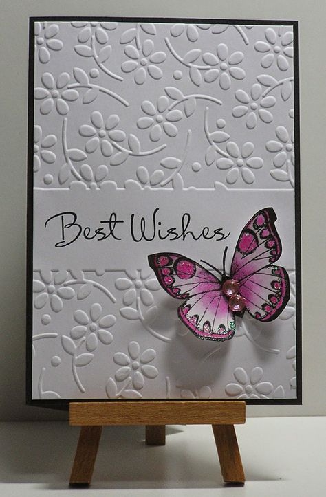 Butterfly Cards Stampin Up Stamps, Cards Using Embossing Folders, Sizzix Cards Ideas Cardmaking, Dragonfly Cards, Inktense Pencils, Butterfly Handmade, Best Wishes Card, Butterfly Stamp, Making Greeting Cards