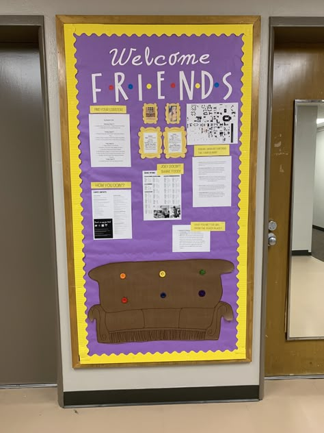 We Were On A Break Bulletin Board, Classroom Announcement Board, Friends Theme Bulletin Board, Ra Themes Floors, Friends Bulletin Board, Residence Life Bulletin Boards, French Classroom Decor, Ptso Ideas, Middle School Bulletin Boards