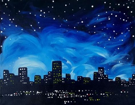 City Paintings, City Skyline Night, Sunset Canvas Painting, City Lights At Night, Night Skyline, Skyline Painting, Paint Nite, Silhouette Painting, Abstract City