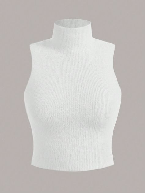 Turtleneck Fluffy Knit Top White Casual  Sleeveless Knitwear Plain  Slight Stretch  Women Clothing, size features are:Bust: ,Length: ,Sleeve Length: